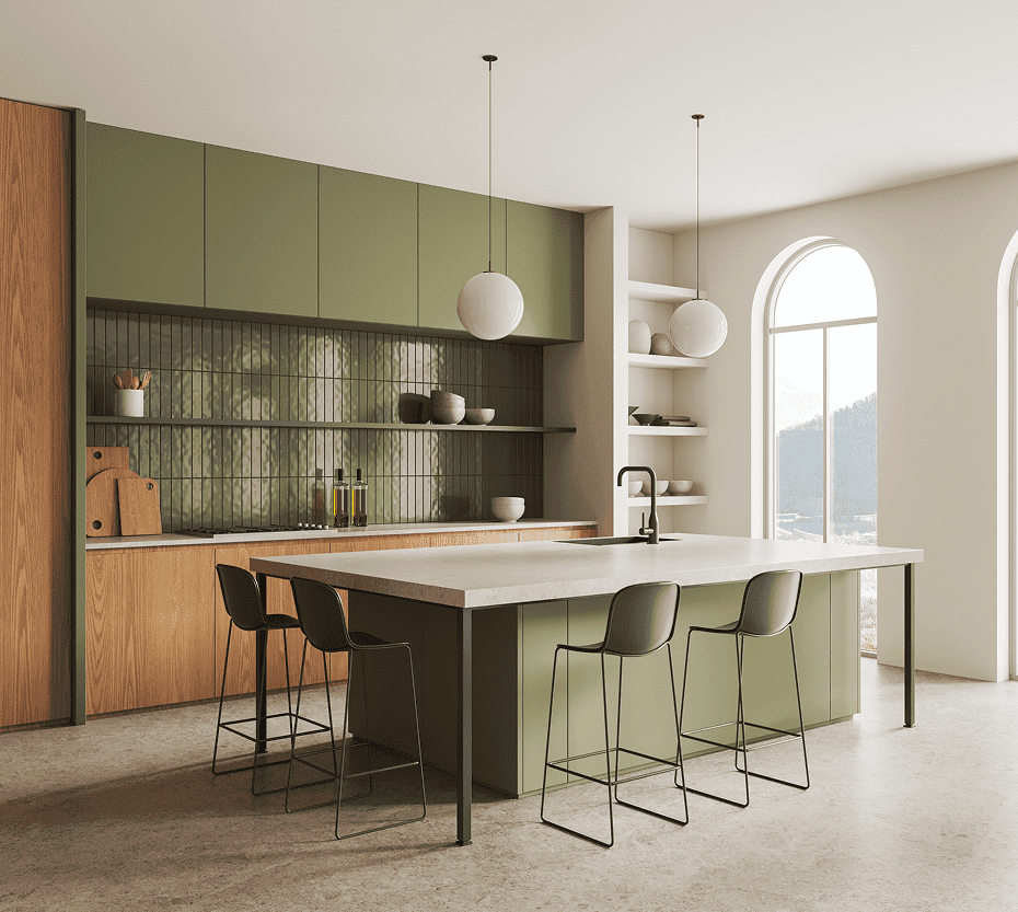 A kitchen with green cabinets and white counters.
