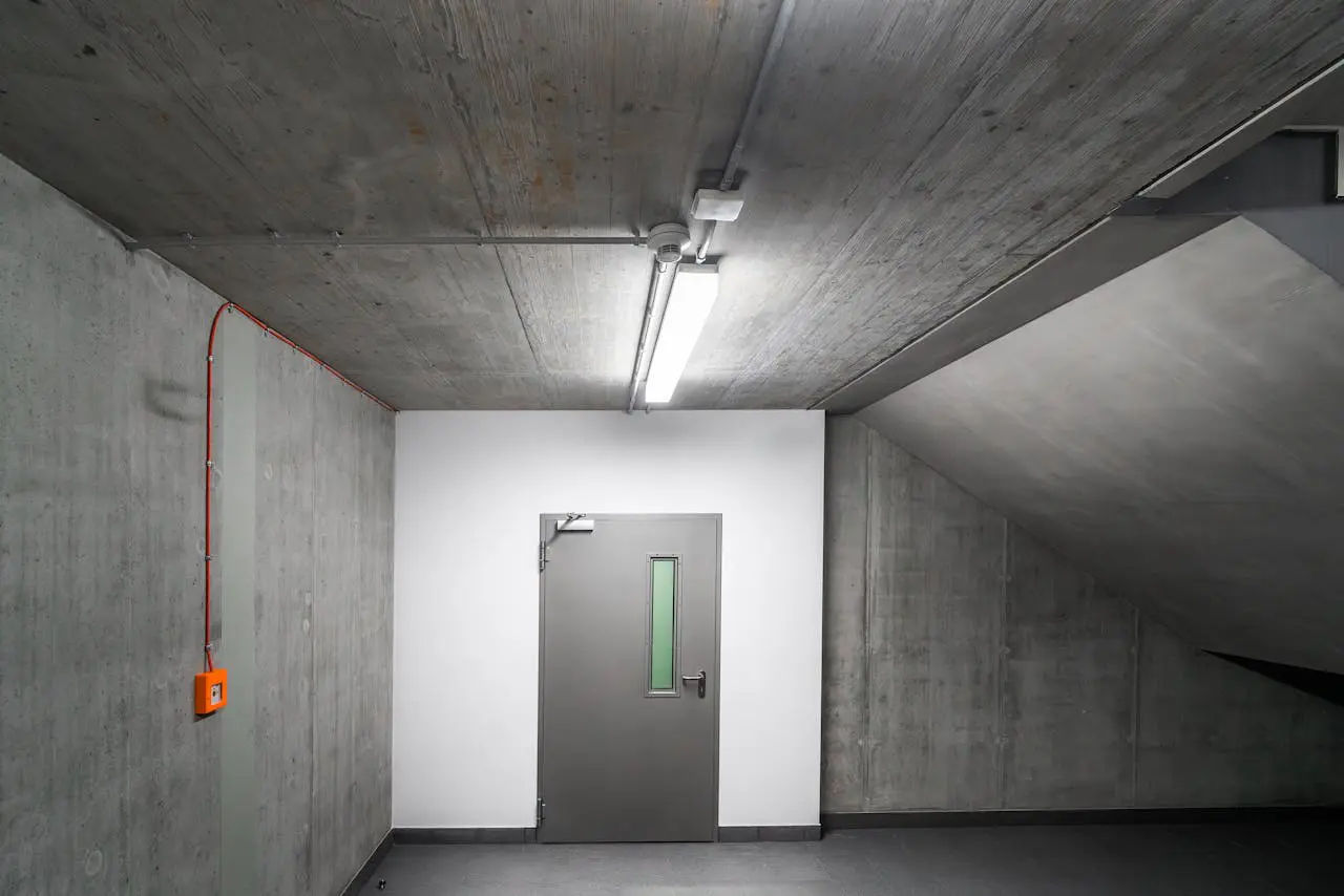 A door in the middle of an empty room.